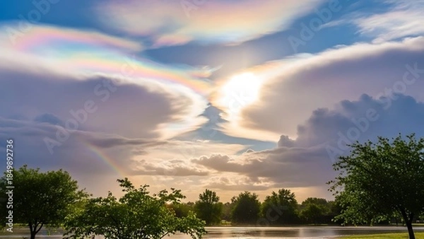 Obraz Serene lake scene with vibrant rainbow clouds at sunset