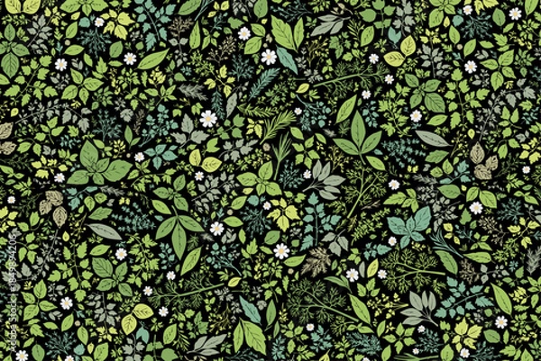 Obraz ハーブ柄のパターン　前面に敷き詰めた構成　背景ブラック