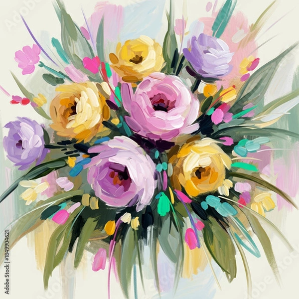 Obraz Expressive abstract floral bouquet painted with bold brushstrokes and vibrant pastel tones, contemporary artwork capturing movement, freshness and artistic emotion