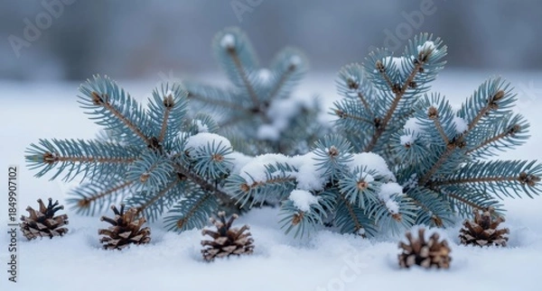 Obraz Winter Pine Branches and Cones on Snowy Background