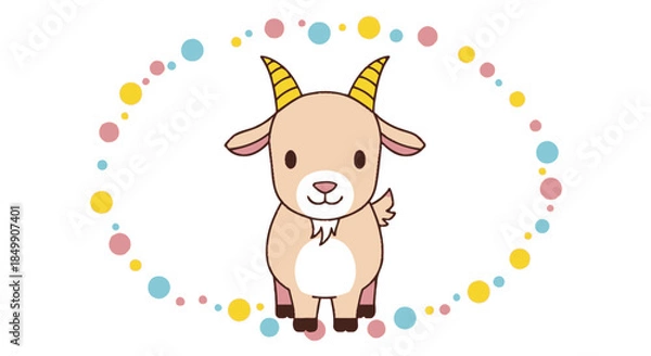 Fototapeta Cute cartoon goat with horns and a friendly face surrounded by colorful dots for children and