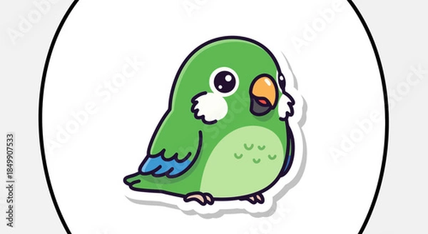 Fototapeta Cute cartoon green parrot with big expressive eyes and colorful feathers standing on a white