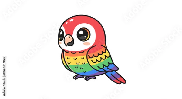 Fototapeta Cute cartoon parrot with big expressive eyes and rainbow-colored feathers on a plain white
