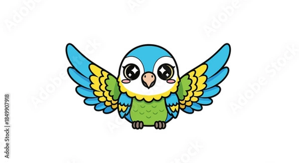 Fototapeta Cute cartoon parrot with expressive eyes and colorful wings on a plain white background