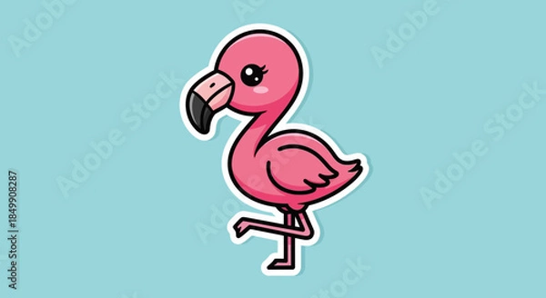 Fototapeta Cute cartoon pink flamingo illustration with exaggerated features on a light blue background ideal