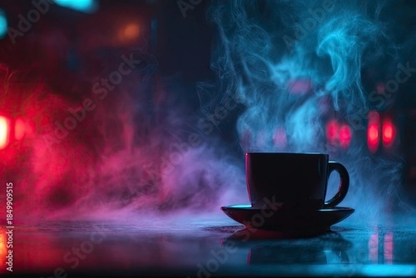 Obraz Steaming beverage in a dark, atmospheric setting.