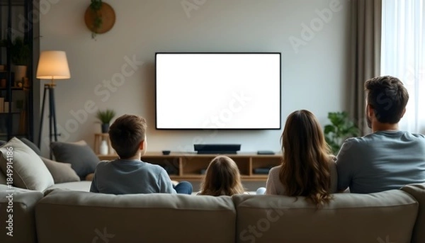 Fototapeta Family watching a blank white screen television in living room representing entertainment, movie, leisure time and home lifestyle.