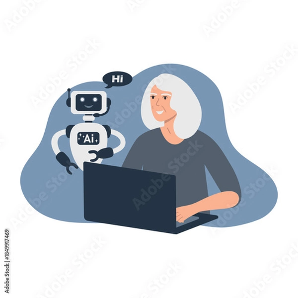 Obraz An elderly woman uses artificial intelligence. Search, write text, and generate content using a chatbot