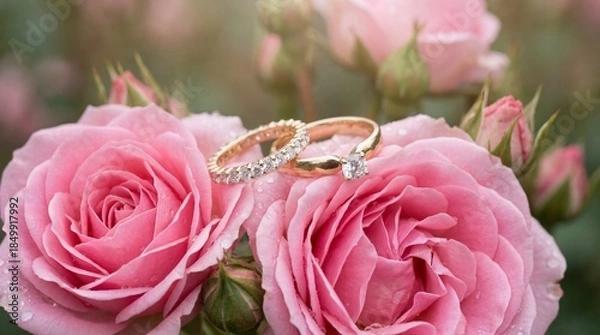 Obraz Gold wedding rings with diamonds on a pink rose. Engagement and marriage proposal concept. Symbol of eternal love and commitment for Valentines Day.