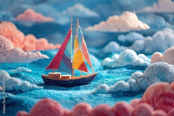 Fototapeta Colorful Sailboat Sailing through Crafty Clouds