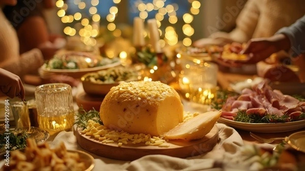 Obraz Festive dinner table with cheese and lights
