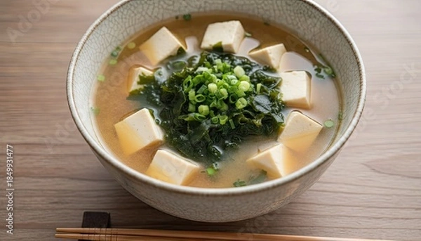 Obraz A bowl of Japanese Miso Soup with Tofu Seaweed and Scallions overhead view with chopsticks on a wooden table