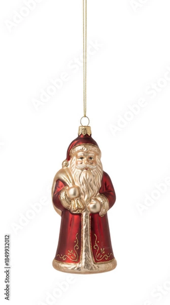Fototapeta Red and champagne gold Santa Claus Christmas tree ornament with glitter details isolated.