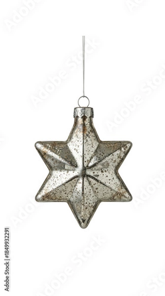 Fototapeta Six-pointed star Christmas tree ornament with a distressed silver mercury glass finish isolated.