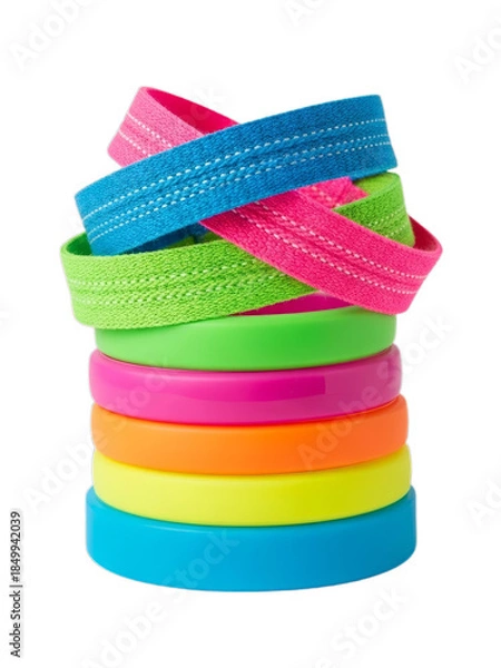 Obraz Stack of colorful textured ribbon rolls arranged in a playful vertical composition, vibrant craft and decoration materials isolated on white background
