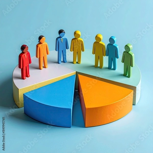 Obraz Diverse figures stand around a pie chart,  divided into colored segments