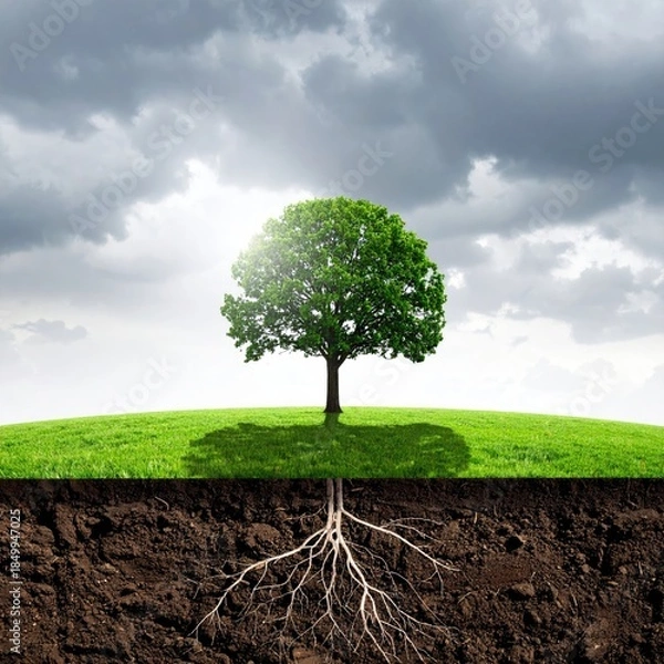 Obraz Single tree on a grassy hill, roots visible beneath