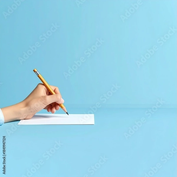 Obraz A hand holds a pencil over a blank sheet of paper