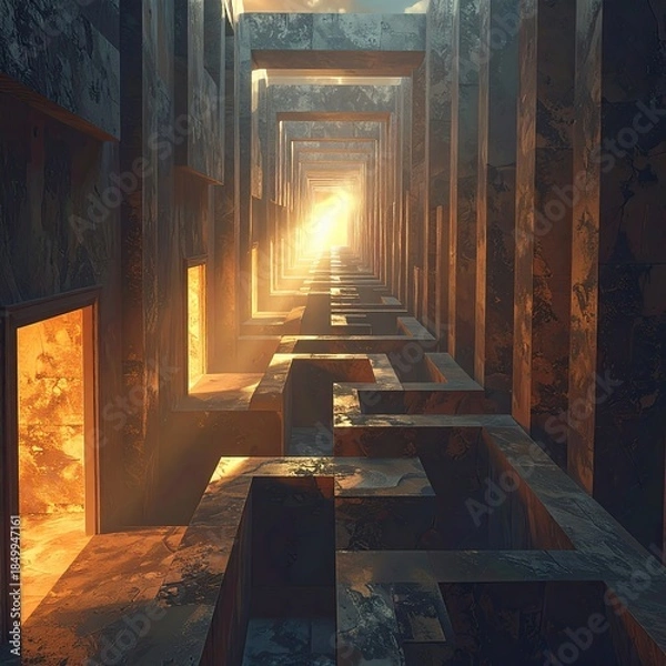 Obraz A sunlit, stone corridor.  A maze-like pathway narrows into a bright light