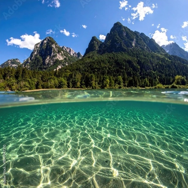 Obraz Crystal-clear lake, mountains, and forest
