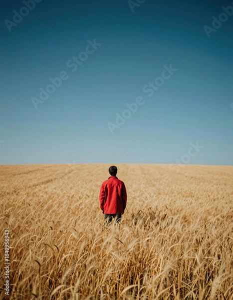 Obraz Man stands contemplating field under blue sky