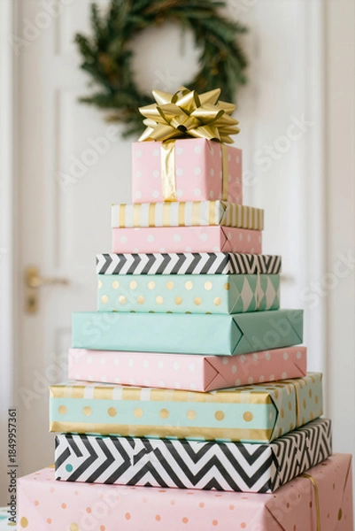 Obraz Gift stack celebrates holidays in a festive home