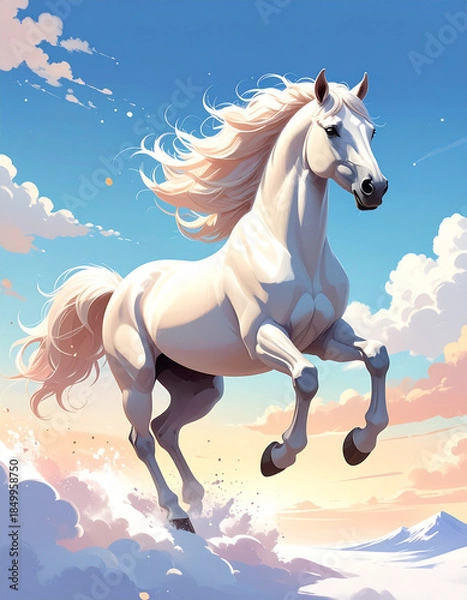Obraz A white horse galloping through the cloudy sky　大空の雲の世界を駆ける白馬