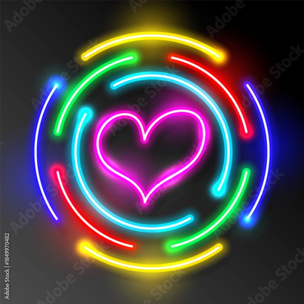 Fototapeta Colorful neon light heart icon. Glowing bright hearts retro neon sign frame on dark background. Elements valentine day festival design.