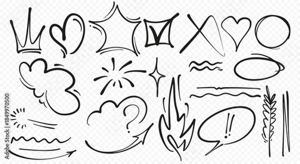 Obraz Hand drawn cute doodle line elements. Line movement effect element. 