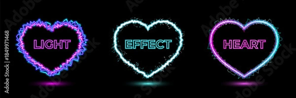 Fototapeta 3 unique neon lightning heart frames on a black background.