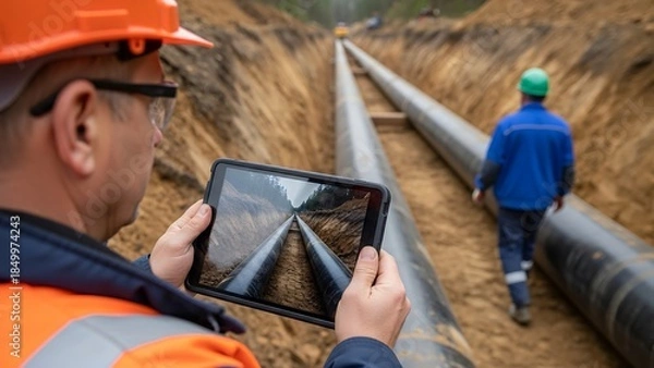 Obraz Engineer inspects heating pipe installation at construction site with tablet