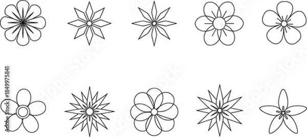 Fototapeta Set of thin line flower and star icons featuring various geometric floral blossoms and starburst shapes isolated on white background flat vector illustration for decorative design