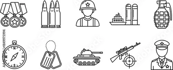 Fototapeta Set of military and army icons featuring soldier silhouettes weapons ammunition tanks grenades and medals isolated on white background thin line vector illustration for defense and tactical concepts