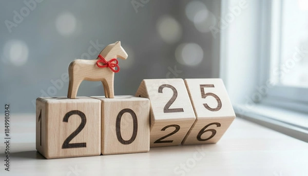 Obraz 木製ブロックカレンダーが告げる年末年始、2025年から2026年の午年へ