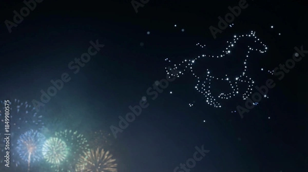 Obraz 夜空に輝く星で描かれた走る馬の星座と色鮮やかな花火、新年を祝う幻想的な夜景