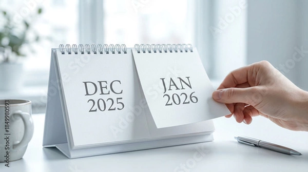 Obraz 2025年から2026年への卓上カレンダーの移り変わり、年末年始の時間管理とビジネス計画
