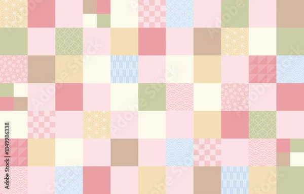 Obraz ピンクを基調色とした淡い色彩で構成された日本の伝統的な柄を集めた市松模様の背景背景素材のベクターデータ