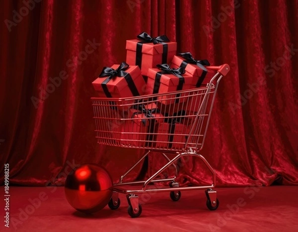Obraz Gift boxes fill shopping cart in festive studio
