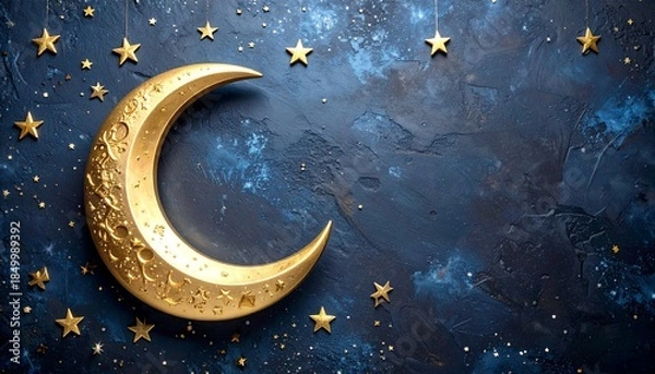 Obraz 金色の月と星が輝く藍色の背景幻想夜空素材1