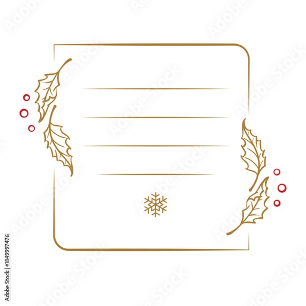 Fototapeta Rounded corner square Christmas vector frame with holly and snowflake