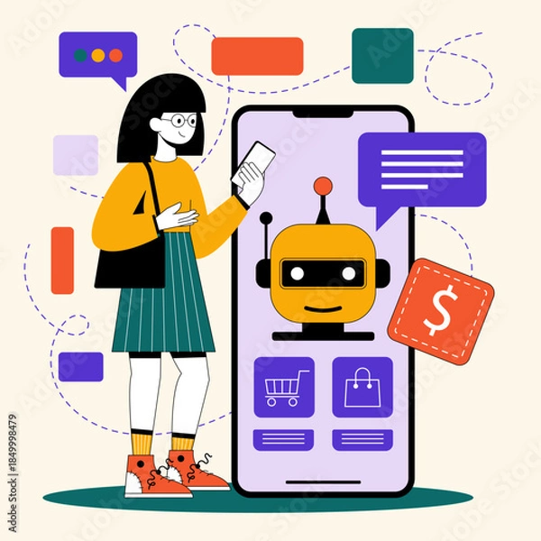 Obraz Chatbot assists user with customer support for online shopping tasks in vector style