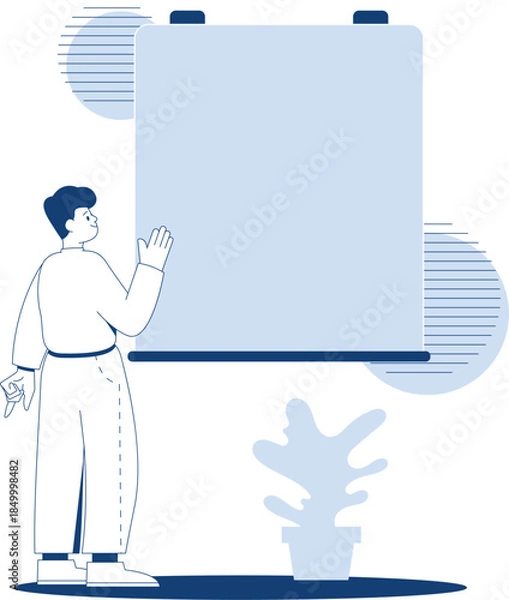 Obraz Character explains a topic while pointing at a blank board in a flat vector style