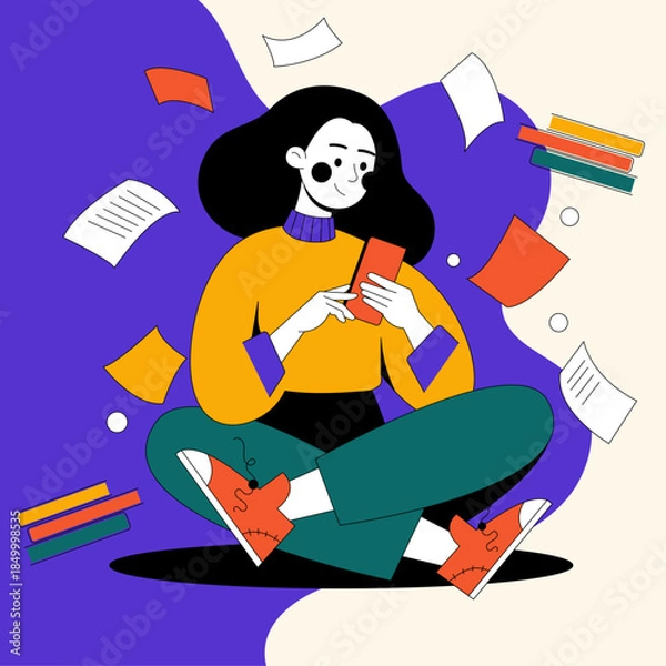 Obraz Vector illustration showing a person checking transaction history on a smartphone while sitting