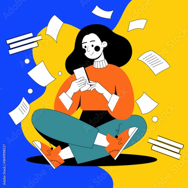 Obraz Checking transaction history on smartphone while seated with papers floating around