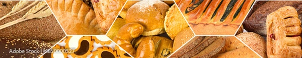 Obraz Panoramic Bakery Product Collage with Bread and Pastries