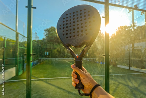 Obraz Close up Padel players hand on court background. Open social tour template. Padel tennis player on the sky background outdoors. Paddle tenis template for bookmaker design ads with copy space.