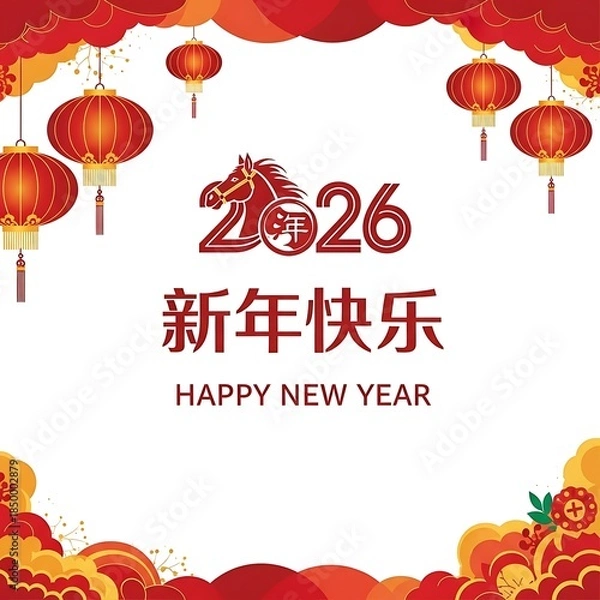 Fototapeta Chinese New Year 2026 Horse Lanterns and Flowers image