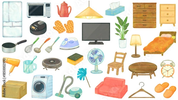 Obraz 家具・家電・生活雑貨のイラストセット 新生活 住まい