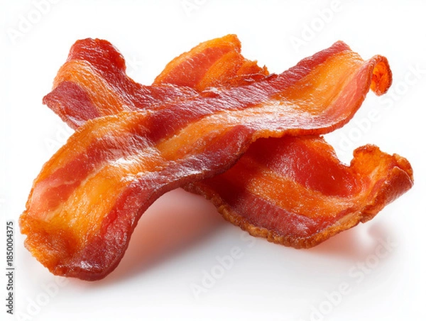 Obraz Two crispy fried bacon strips crossed over each other isolated on white background