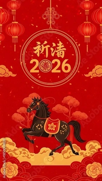 Fototapeta Chinese New Year Poster with Black Horse and Red Lanterns